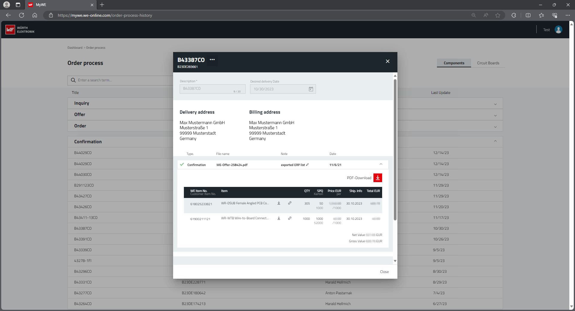Screenshot of the address data in the MyWE platform
