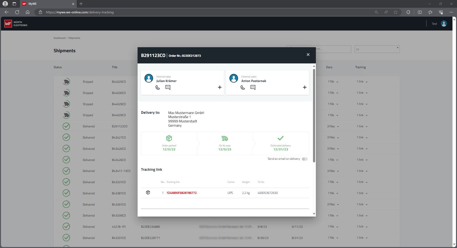 Screenshot of the contact information in the MyWE platform