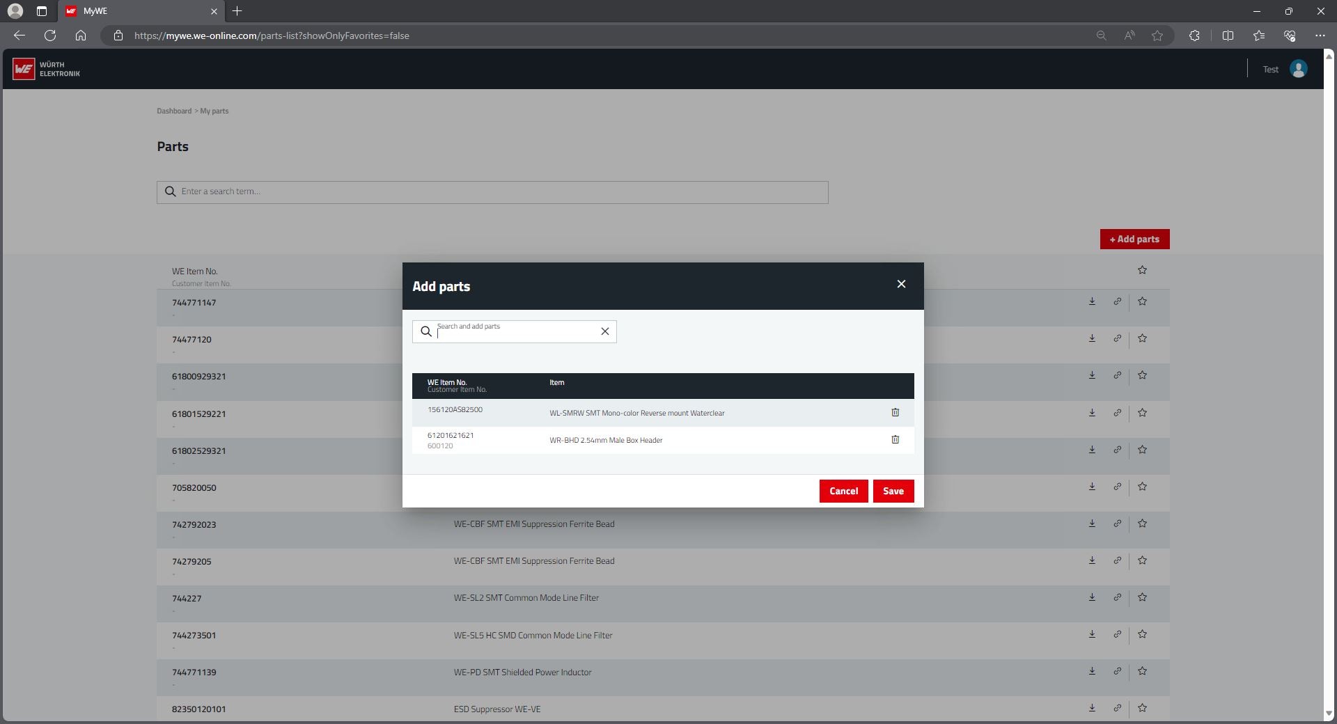 Screenshot of the part list overview in the MyWE platform