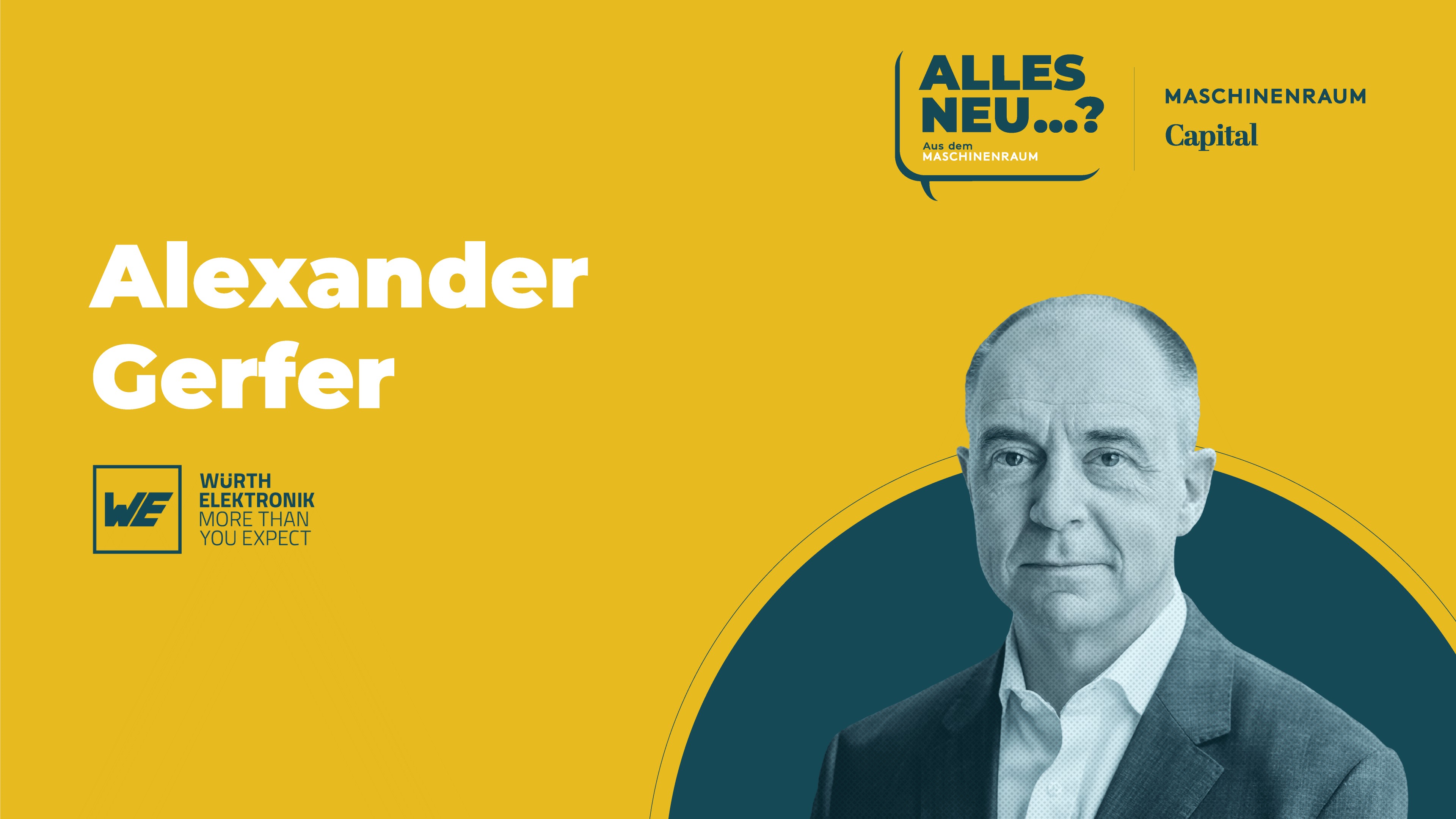 Maschinenraum Podcast Alexander Gerfer Bild zeigt CTO Alexander Gerfer mit Aufschrift und Würth Elektronik Logo