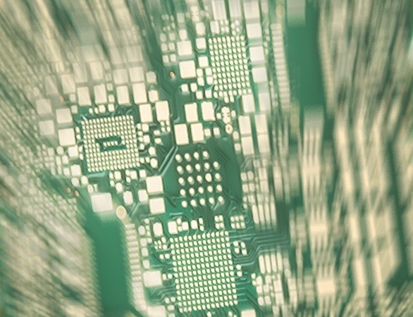 CBT HDI Microvia PCB focus on BGAs Speed effect Picture shows HDI Microvia PCB with blurred areas and Zoom-in Effect