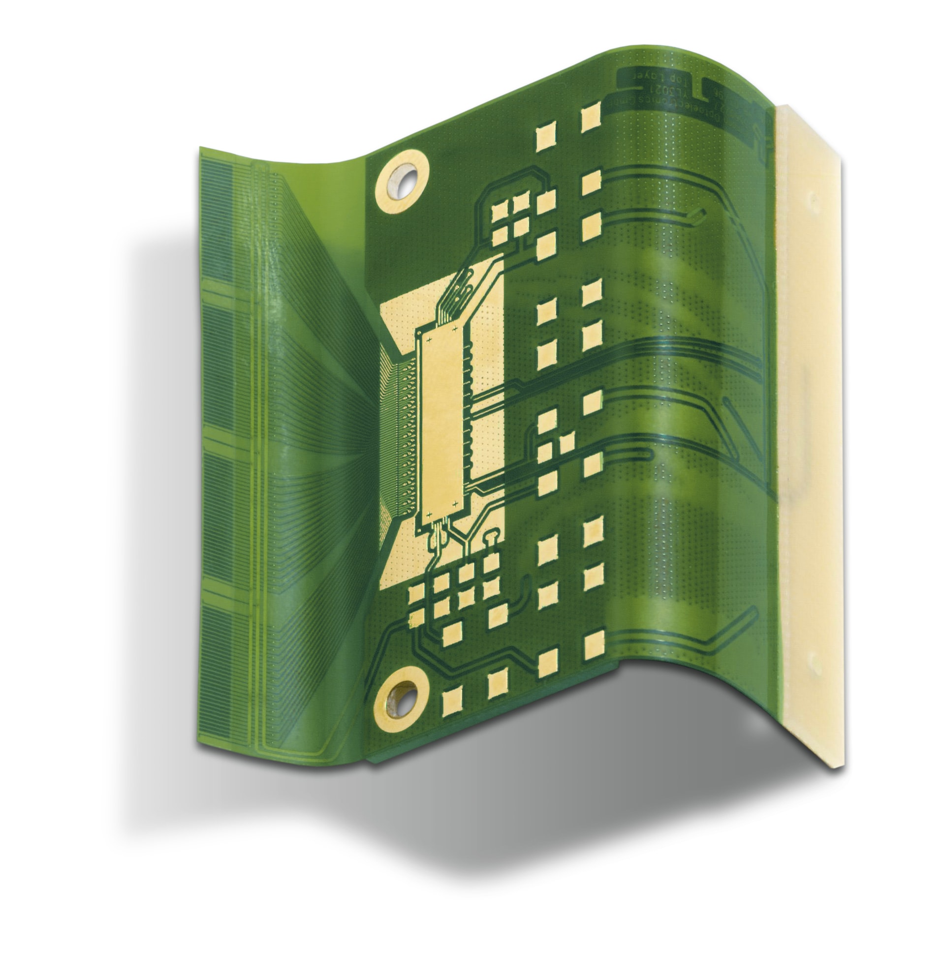 Image showing a bent PURE.flex PCB with green flexible soldermask and stiffener