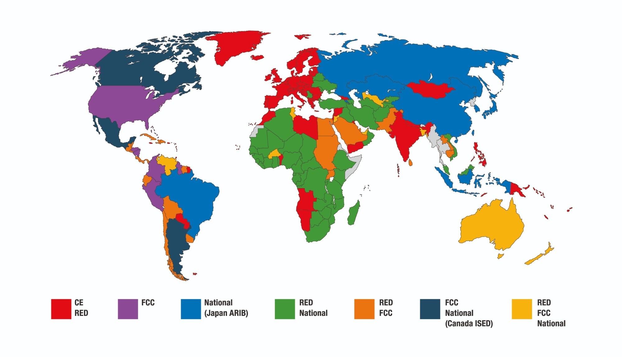 Weltkarte mit Zertifizierungen und Konformitäten World map with different certifications for radio applications