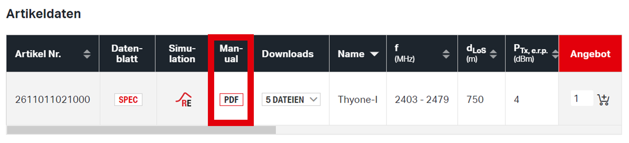 Download Handbücher Screenshot of manual download in online store