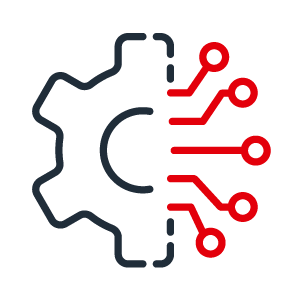 Icon Technology 2C positive Two color icon with dark gray half gear and red circuit paths symbolic of technology