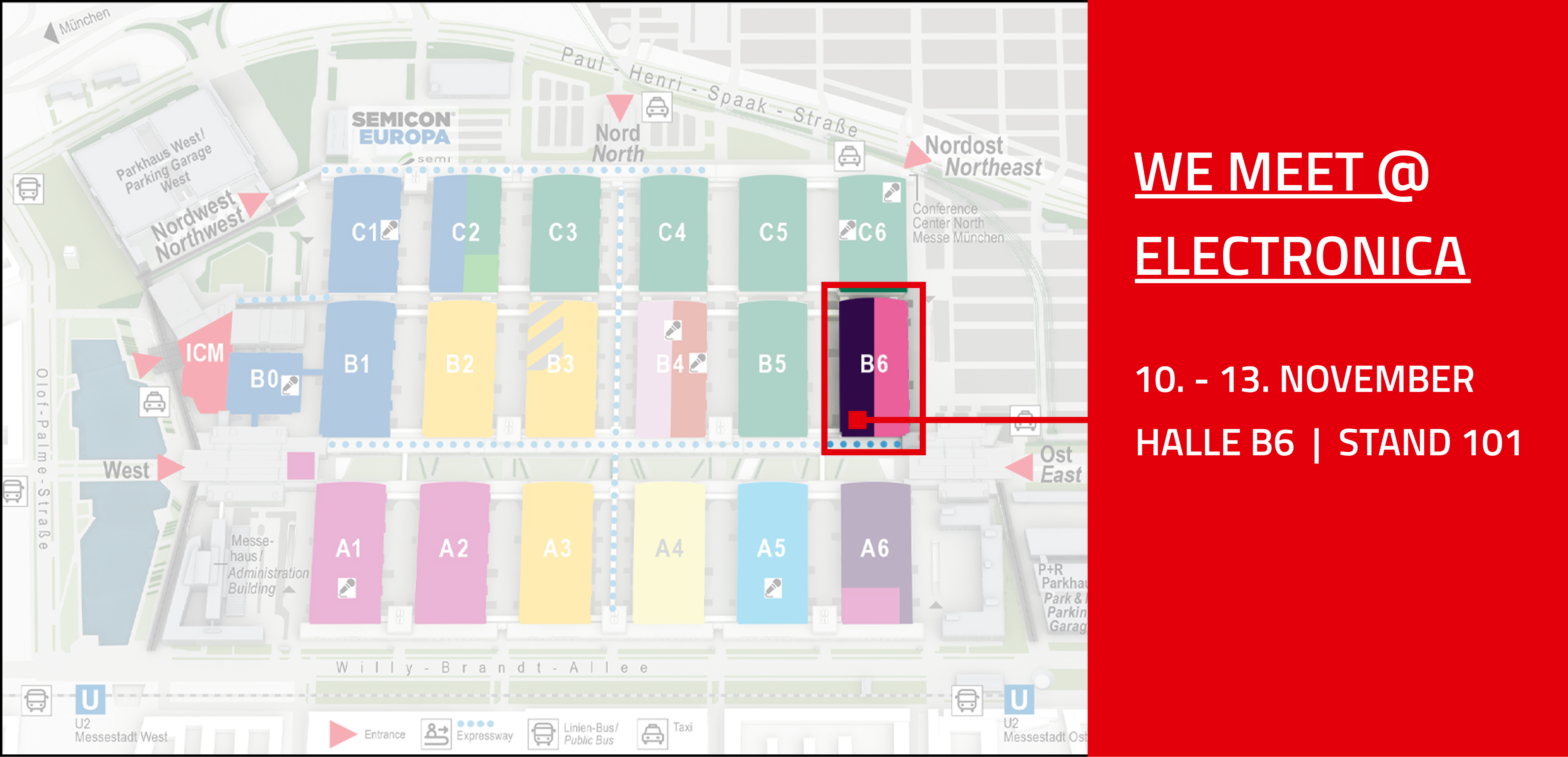 WE meet @electronica Hallenplan Banner, der das Datum und den Hallenplan der Electronica 2026 anzeigt