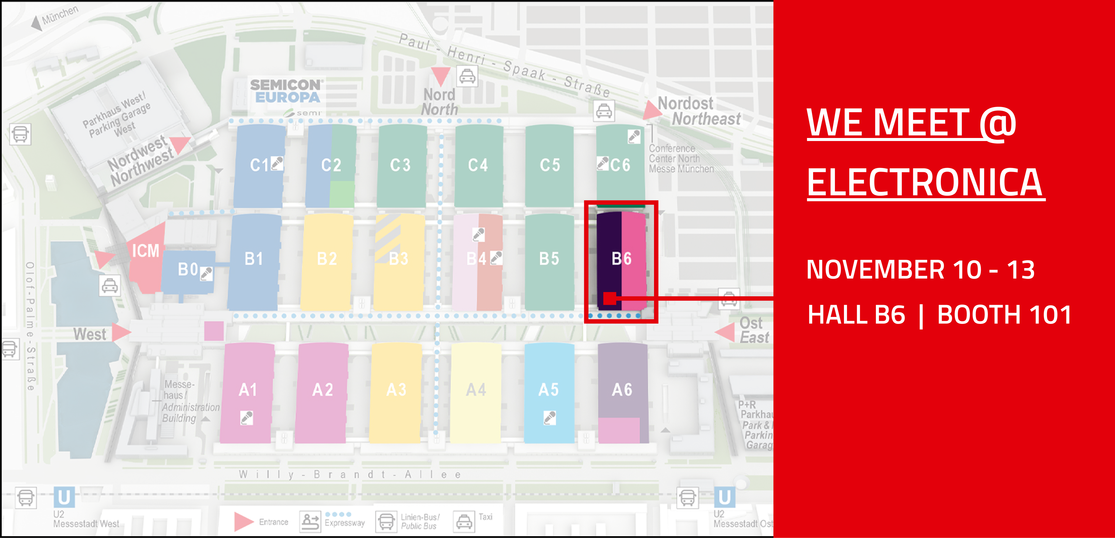 WE meet @electronica hall plan Banner showing the date and hall plan of Electronica 2026