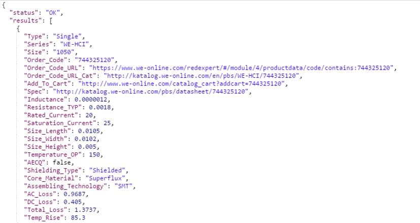 Screenshot API Redexpert - buck converter Web Code showing the data for the API - buck converter