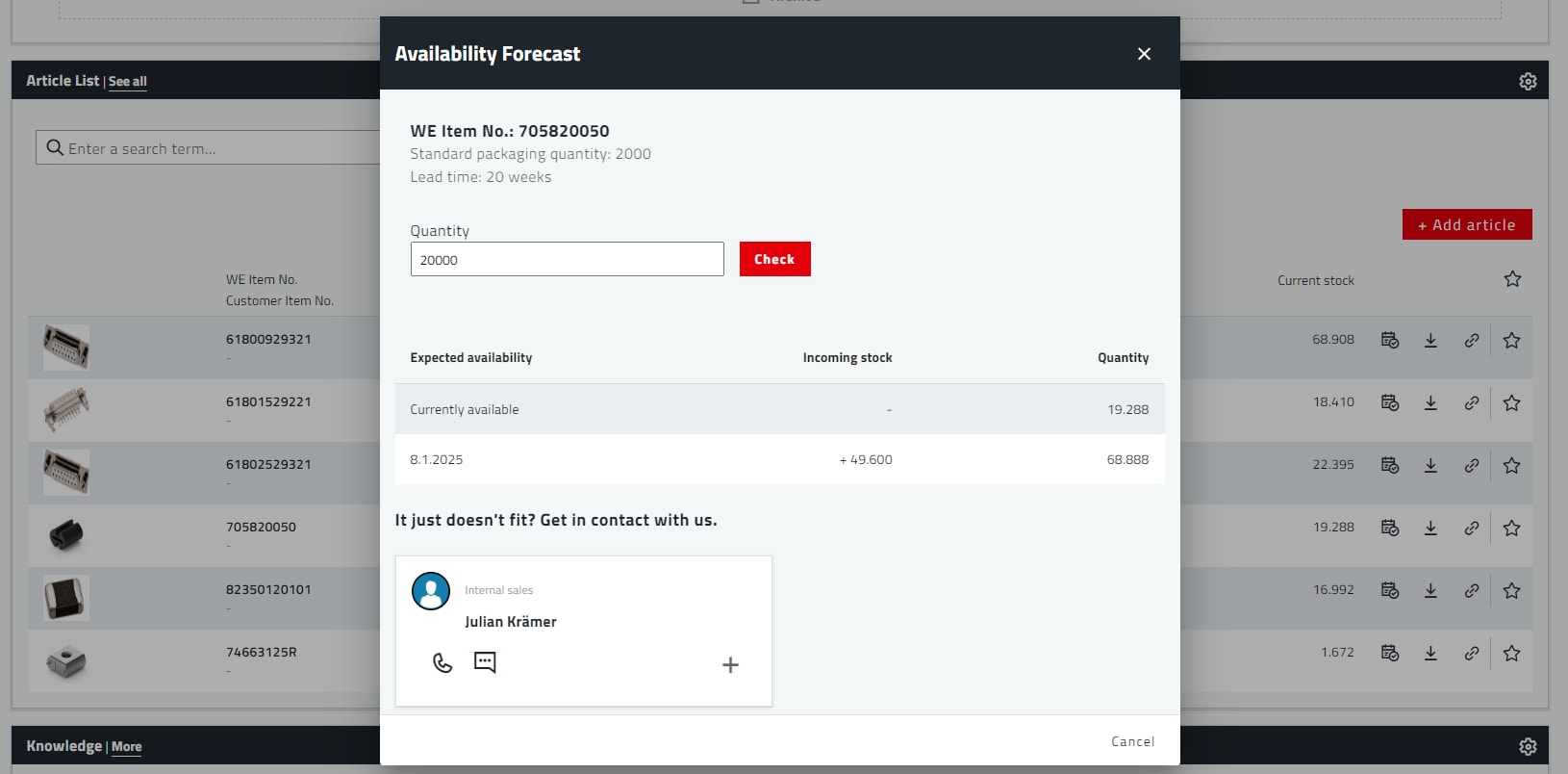 In Window in the MyWE system shows a table with availability of stock and a search field