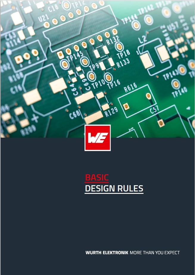 CBT Titel BASIC Design Rules DE gesamt In der oberen hälfte des Bildes kann man eine herangezogene Ansicht einer Leiterplatte, die untere hälfte ist dunkel gehalten. Zwischen den beiden hälften in der Mitte ist das Würth Elektronik Zeichen zu sehen. In der unteren hälfte steht zentriert rot und unterstrichen "Basic" und darunter in weiß und unterstrichen "Design Rules". Unten Links im Bild steht in weißer Schrift und dick gedruckt "Würth Elektronik" und dahinter auch in weiß "More than you expect".