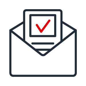 Icon Auftragsbestätigung 2C positiv Zweifarbiges Icon mit eine Brief im Umschlag in dunkelgrau und einem roten Haken symbolisch für Auftragsbestätigung