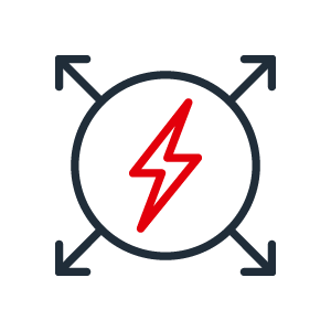 Icon Power Distribution 2C positive Two-color icon with red lightning bolt in circle with 4 outgoing arrows in dark grey symbolizing power distribution
