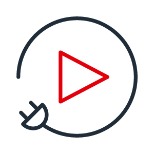 Icon Plug and Play 2C positive Two-color icon with cable and plug in dark grey and red play button symbolizing plug and play