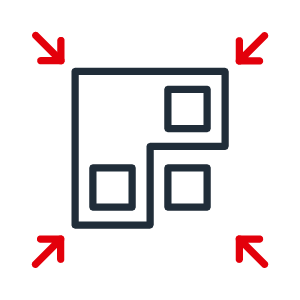 Icon Compact Modular Architecture 2C positive Two-color icon with dark gray boxes and red arrows symbolic of compact modular architecture
