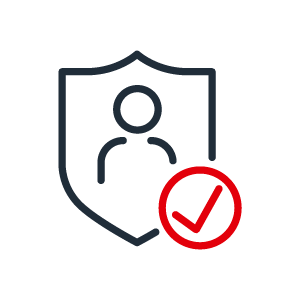 Icon Data Protection 2C positive Two color icon with shield and person in it in dark gray and a red hook in circle symbolic of data protection