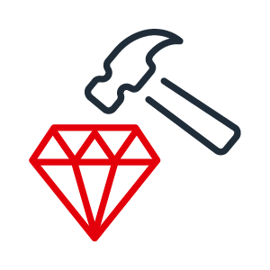 Icon Robust & Powerful 2C positive Two color icon with dark gray hammer and diamond in red symbolic of robust and powerful