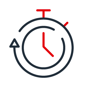 Icon Kosten- und Zeitersparnis 2C positiv Zweifarbiges Icon mit dunkelgrauer Stoppuhr und Zeiger und stopper in rot symbolisch für Kosten- und Zeitersparnis