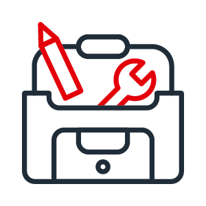 Icon Toolbox 2C positive Two-color icon with dark gray toolbox and red tools symbolic of maintenance and servicing